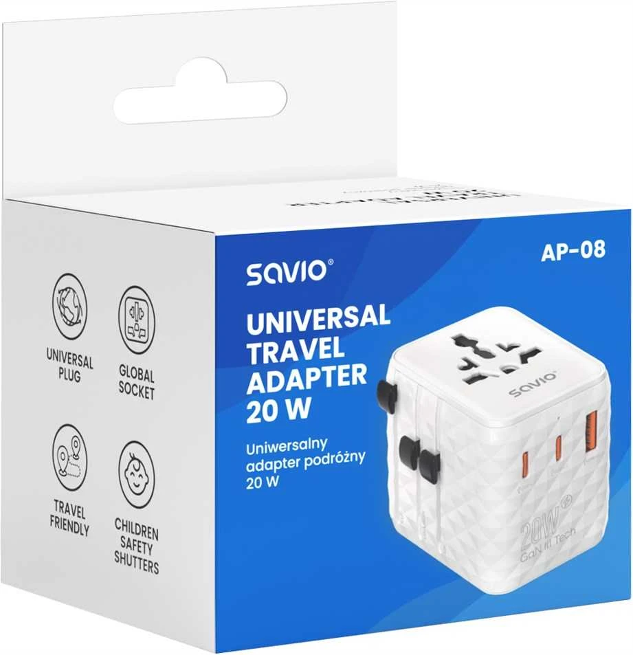 Savio AP-08 maitinimo adapteris/inverteris 20 W Baltas