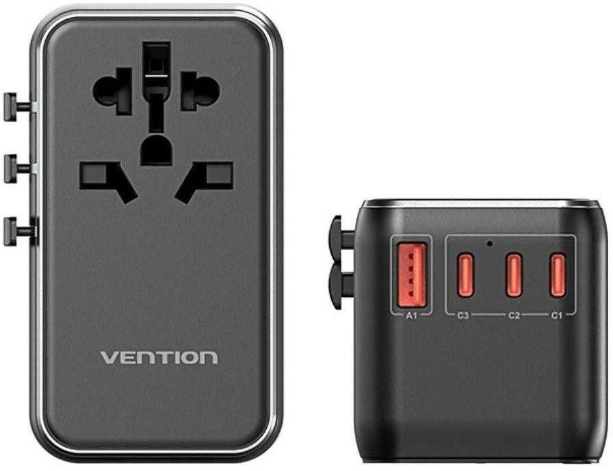 Vention 100W GaN 1x USB-A 3x USB-C juoda