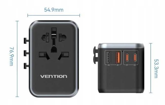 Vention FJFB0 GaN 2xUSB-C 2xUSB-A universalus kelioninis adapteris 65W (juodas)