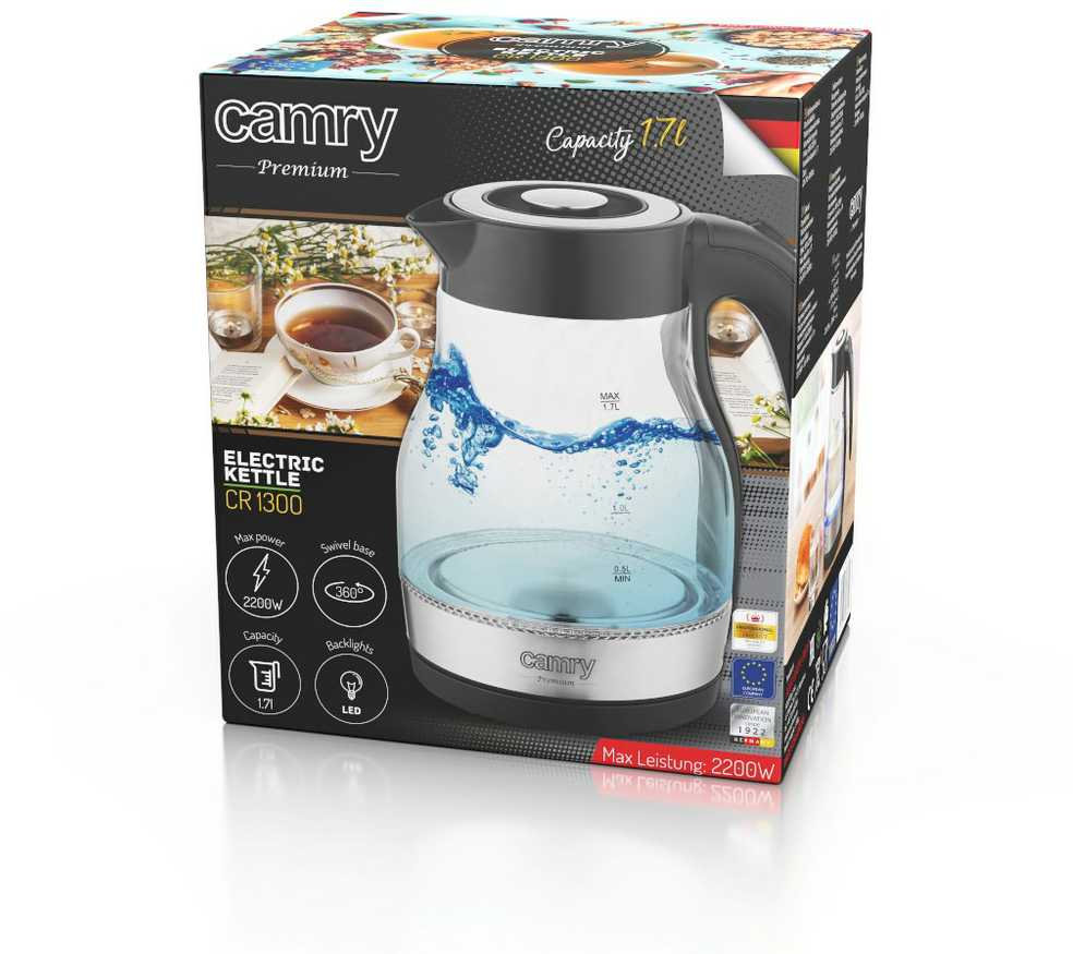Camry | Virdulys | CR 1300 | Electric | 2200 W | 1.7 L | Glass | 360° rotational base | Juodas