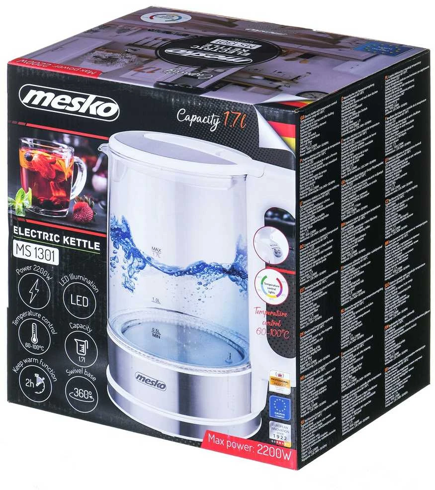 Mesko | Virdulys | MS 1301w | Electric | 1850 W | 1.7 L | Glass | 360° rotational base | Baltas