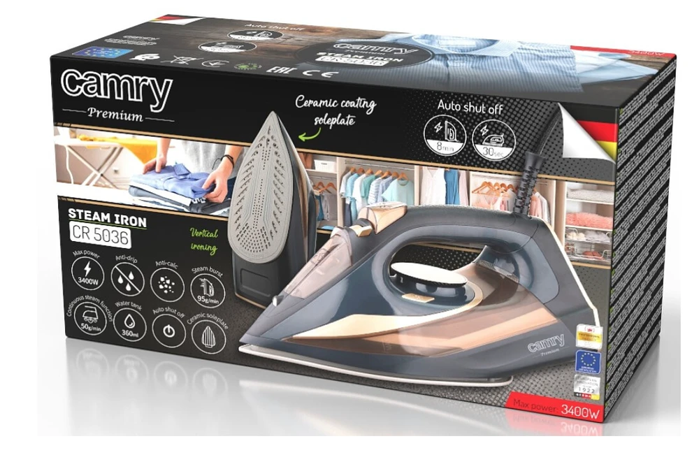 Camry | Garų lygintuvas | CR 5036 | Garų lygintuvas | 3400 W | Vanduo tank capacity 360 ml | Continuous steam 50 g/min | Juodas/Gold