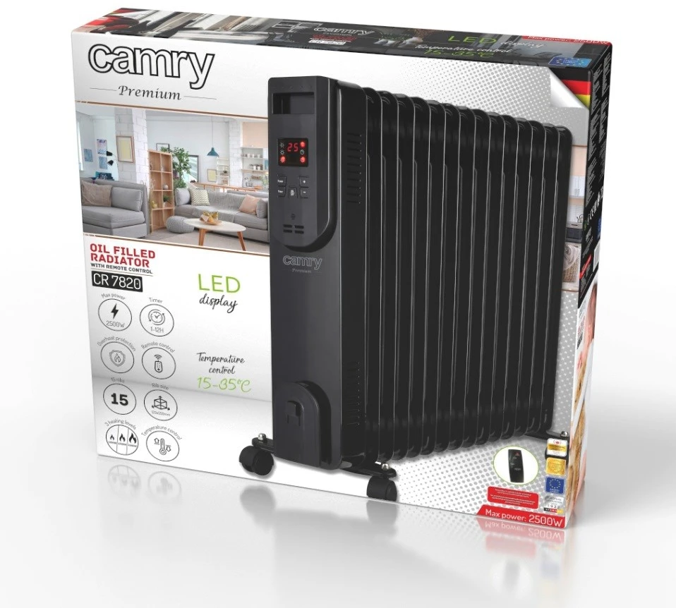 Adler Camry | Alyvos pripildytas radiatorius su nuotolinio valdymo pulteliu | CR 7820 | Alyva užpildytas radiatorius | 2500 W | Galios lygių skaičius 3 | Juodas