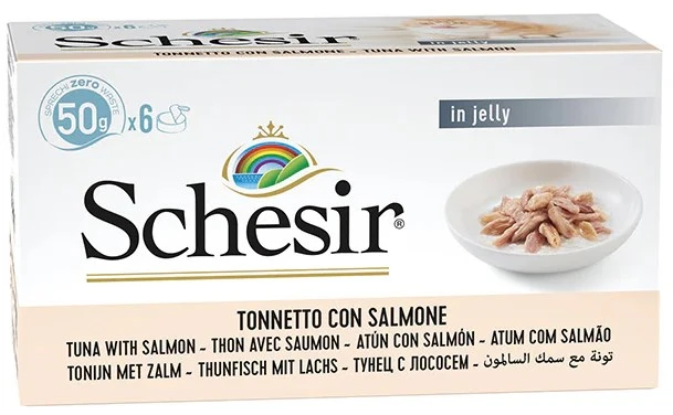 SCHESIR Tunas su lašiša drebučiuose - šlapias kačių ėdalas - 6 x 50 g