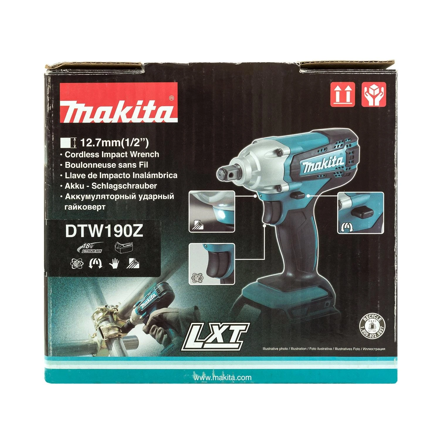 Makita DTW190Z Akumuliatorinis smūginis veržliasukis 18V, 190 Nm, LED 1/2", Be akumuliatorių ir kroviklio!