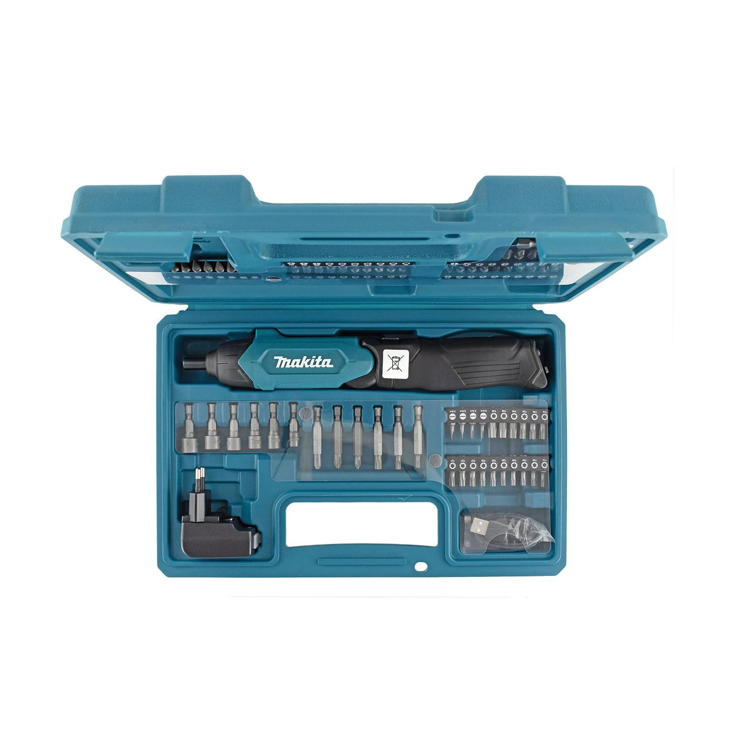 Makita DF001DW Akumuliatorinis suktuvas 1,5Ah įmontuotas Li-ion akumuliatorius; mikro USB įkrovimas; 4Nm; 1/4"; LED; 81 vnt. priedų rinkinys