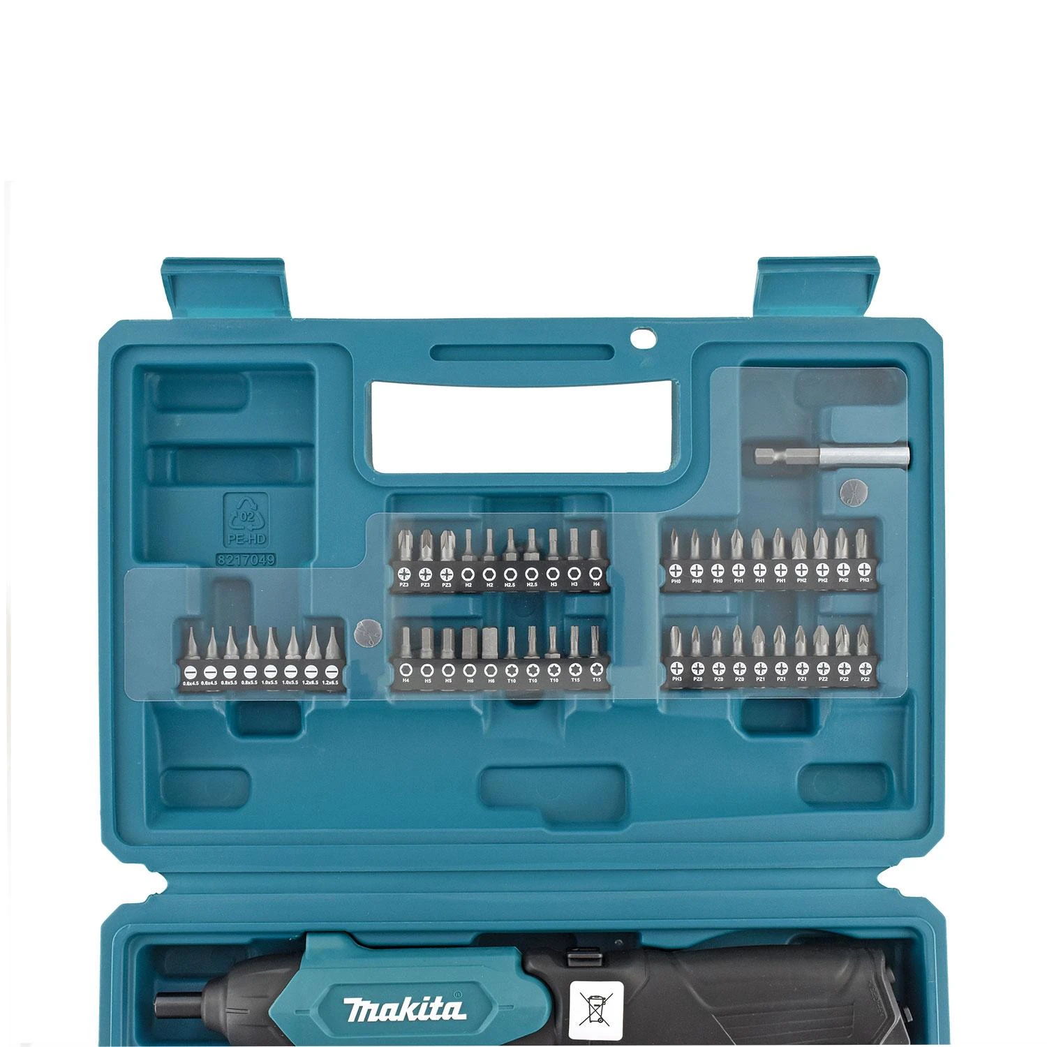 Makita DF001DW Akumuliatorinis suktuvas 1,5Ah įmontuotas Li-ion akumuliatorius; mikro USB įkrovimas; 4Nm; 1/4"; LED; 81 vnt. priedų rinkinys