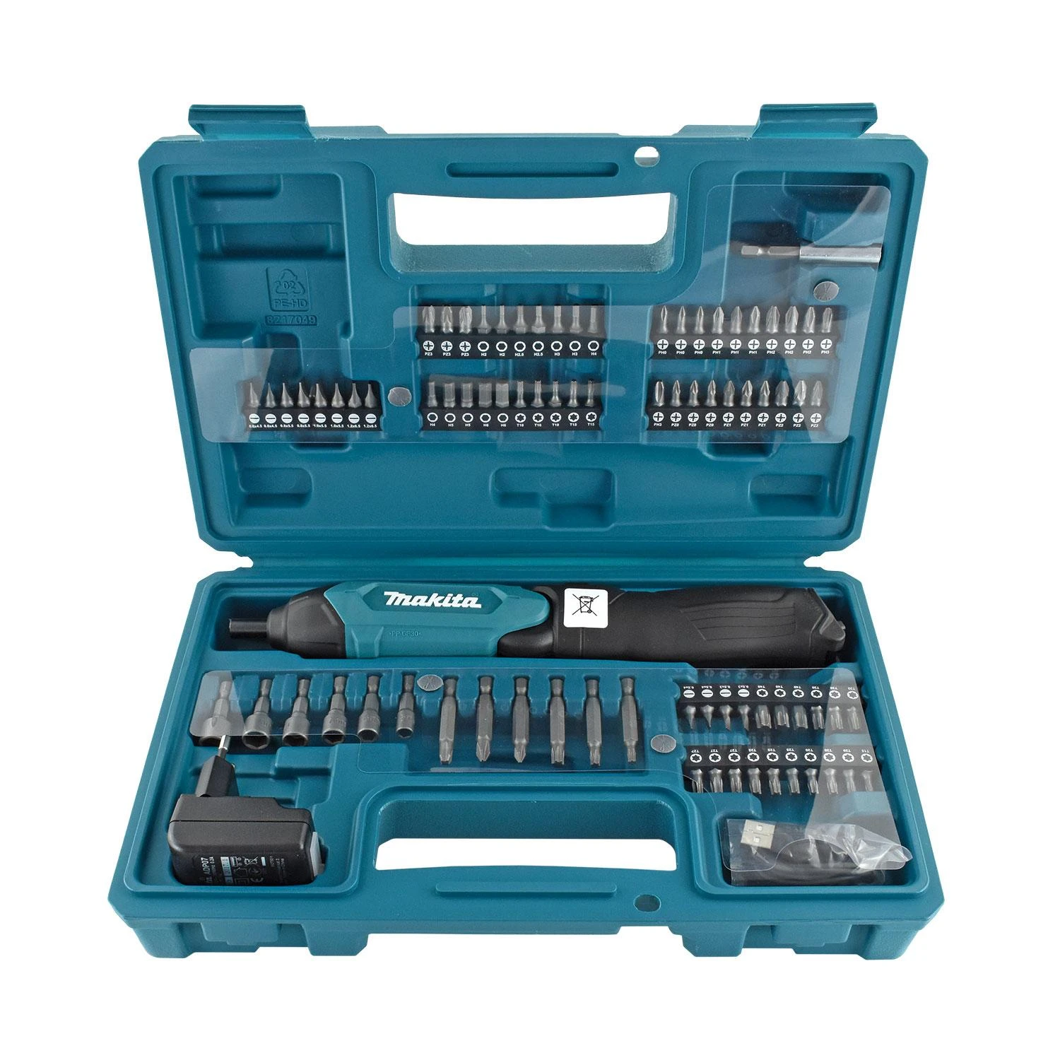 Makita DF001DW Akumuliatorinis suktuvas 1,5Ah įmontuotas Li-ion akumuliatorius; mikro USB įkrovimas; 4Nm; 1/4"; LED; 81 vnt. priedų rinkinys
