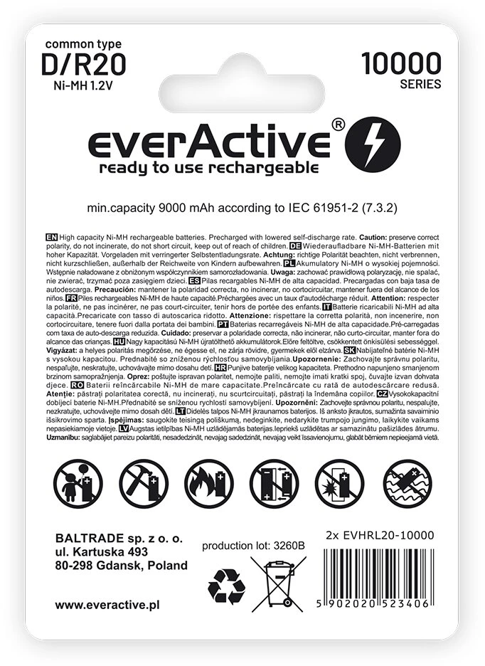 Baterija - EverActive R20 AKU 10000mAh Įkraunamos D Baterijos 2BL