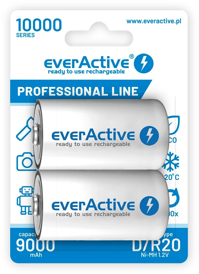 Baterija - EverActive R20 AKU 10000mAh Įkraunamos D Baterijos 2BL