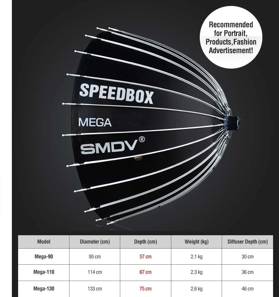 Apšvietimo įranga - SMDV Speedbox Mega 110 Deep Softbox Bowens Mount 110cm Baltas