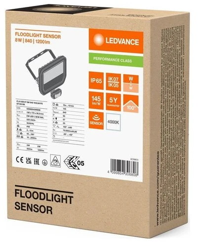Ledvance 6-8W LED prožektorius FL 10 GEN4, juodas, 4000K, IP65, su judesio davikliu