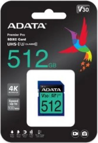 ADATA 512GB Premier Pro SDXC UHS-I U3 Class 10 (V30S), R/W iki 100/80 MB/s