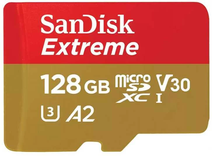 „SANDISK Extreme Micro SDXC 128GB“ veiksmo kameroms ir dronams + SD adapteris + 1 metų „RescuePRO Deluxe“ garantija iki 190 MB/s ir 90 MB/s skaitymo / rašymo greičių, A2, C10, V30, UHS-I, U3.