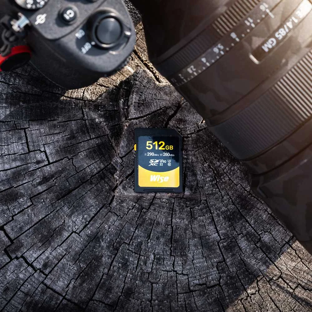 Wise 512GB SDXC kortelė šalia fotoaparato
