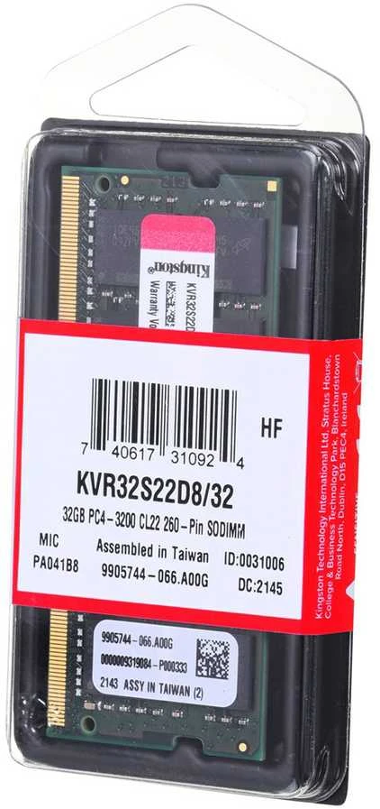 Nešiojamo kompiuterio atmintis Kingstonas | KVR32S22D8/32 | 32 GB | DDR4 | 3200 MHz | Užrašų knygelė | Registracijos Nr. | ECC Nr