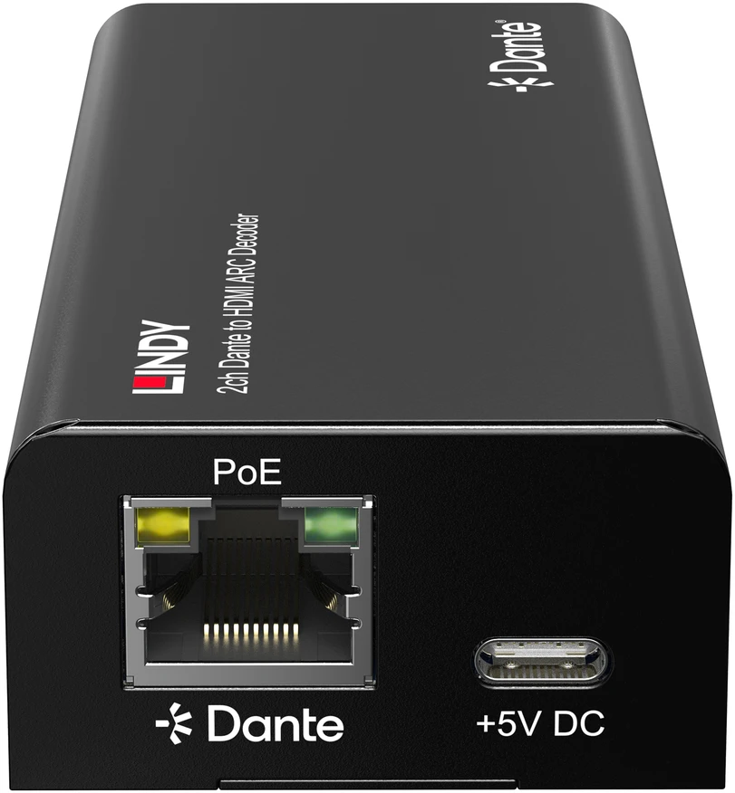 Lindy Dante į HDMI dekoderis - galinis vaizdas su PoE jungtimi