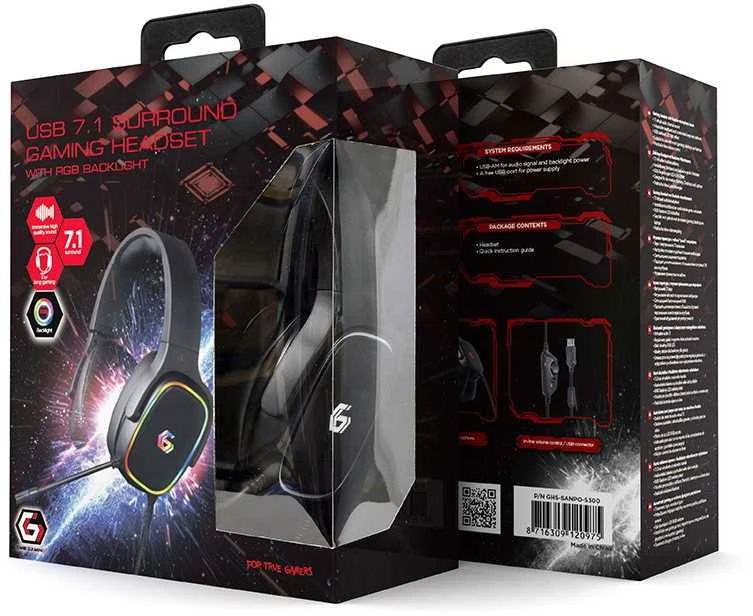 GEMBIRD GHS-SANPO-S300 USB 7.1 Surround Ausinės žaidimai su RGB apšvietimu