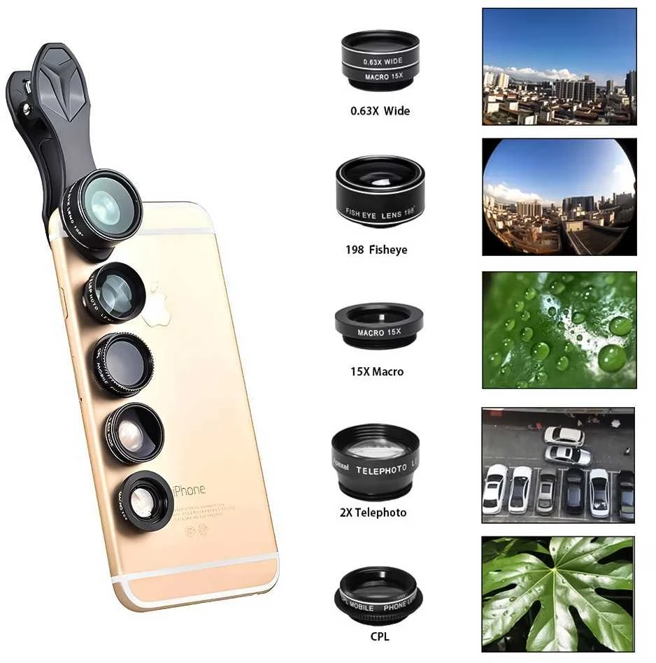 Ausinės Telefono Objektyvas - Apexel APL-DG5H 5-in-1 Rinkinys su Makro, Platus, Telefoto, Fish Eye, CPL