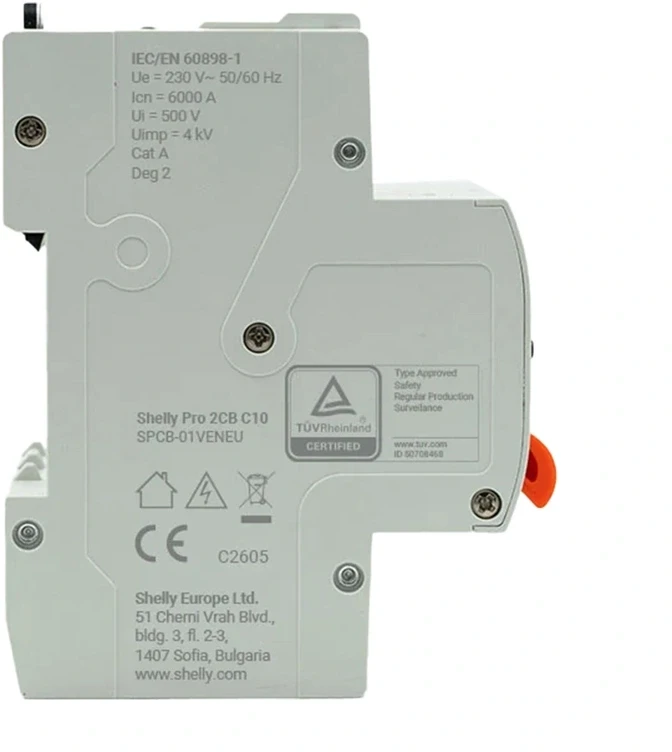 Automatinis jungiklis - Shelly Pro 2CB C10 10 A 2 polių C kreivės 230 V AC DIN bėgelio „Wi-Fi“ „Bluetooth“ Ethernet išmanusis automatinis jungiklis
