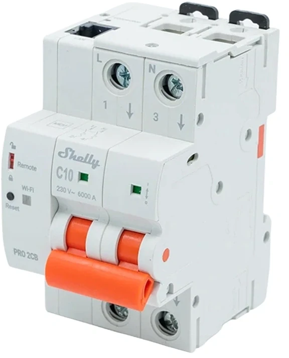 Automatinis jungiklis - Shelly Pro 2CB C10 10 A 2 polių C kreivės 230 V AC DIN bėgelio „Wi-Fi“ „Bluetooth“ Ethernet išmanusis automatinis jungiklis