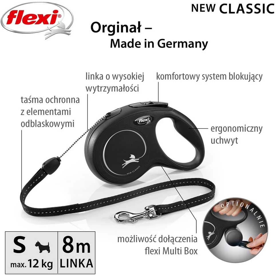 Flexi New Classic S pavadėlis šunims iki 12kg virvinis 8m juodos spalvos