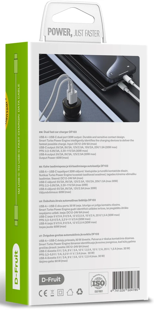 Automobilinis Įkroviklis - D-Fruit DF103 60 W USB-A/USB-C Su 1 m USB-C Laidu
