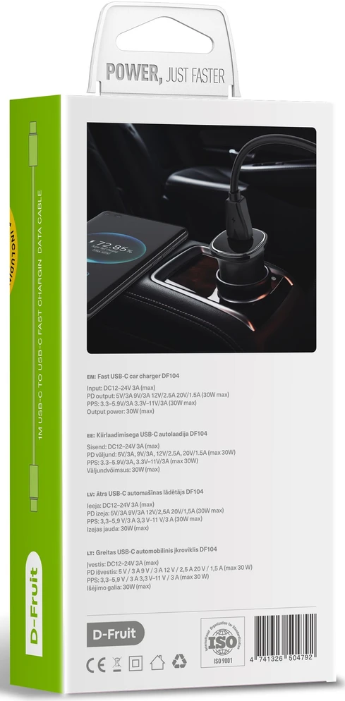 Automobilinis Įkroviklis - D-Fruit DF104 30 W USB-C Su USB-C Laidu