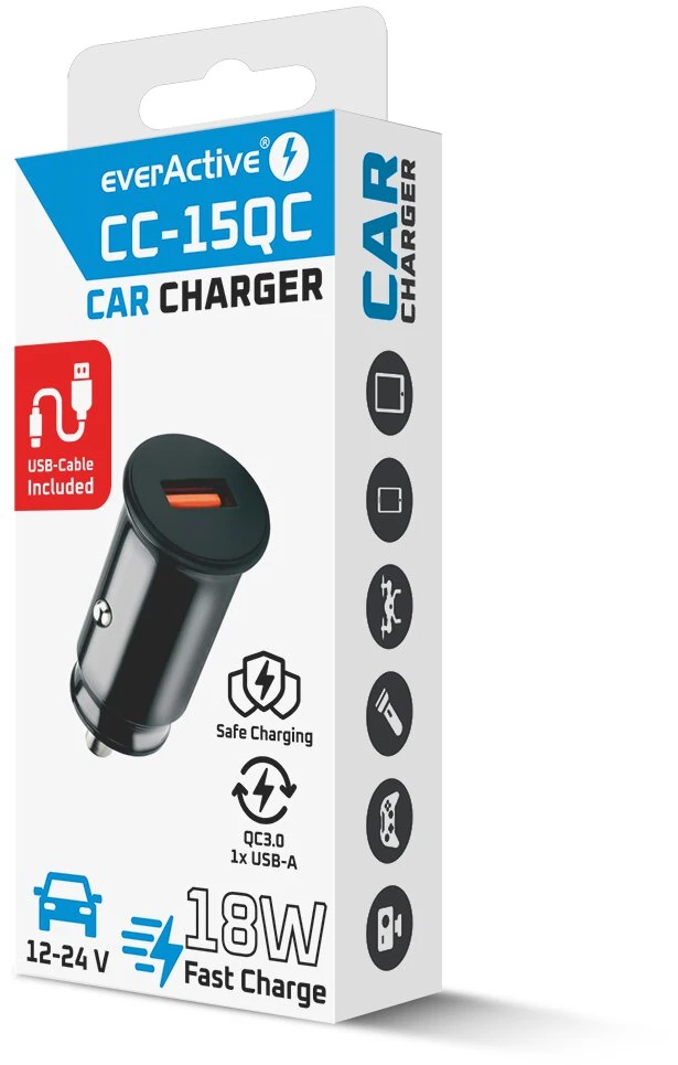 Automobilinis Įkroviklis - everActive CC-15QC 18W su USB-C Kabeliu LED, Juoda