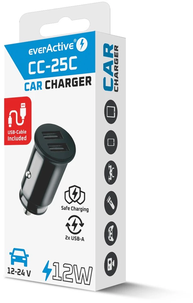 Automobilinis įkroviklis - everActive CC-25 12W Dviejų USB-A Prievadų Su USB-C Kabeliu LED, Juoda