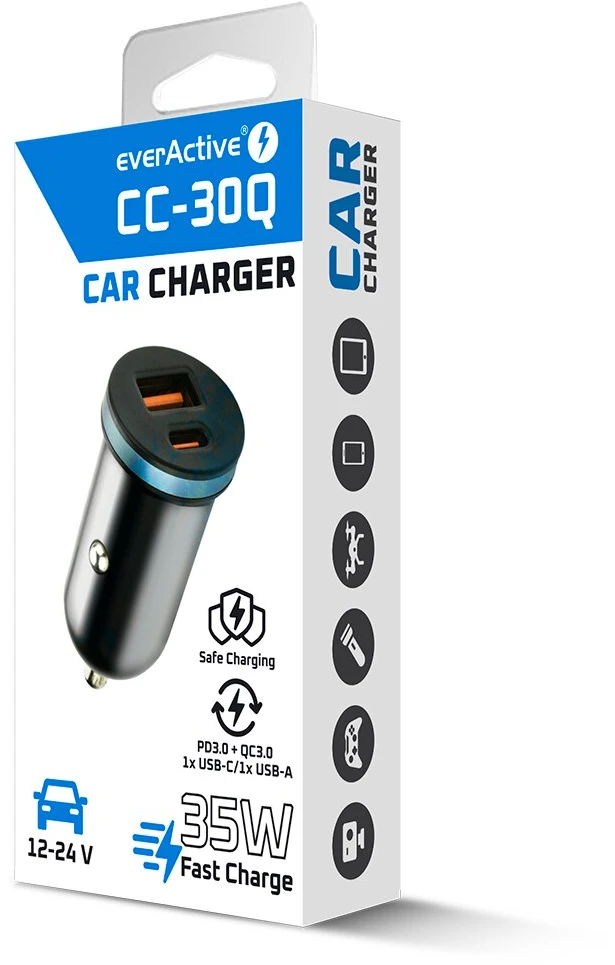 Automobilinis įkroviklis everActive CC-30Q USB + USB-C QC 3.0 PD 35W