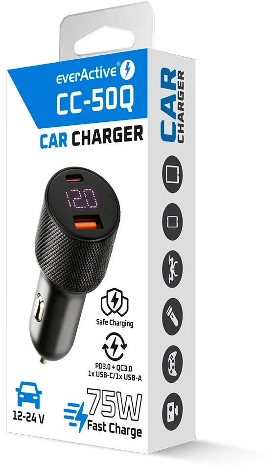 Automobilinis įkroviklis everActive CC-50Q USB QC3.0 + USB-C PD 75W