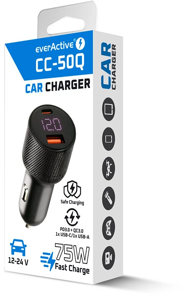 Automobilinis įkroviklis everActive CC-50Q USB QC3.0 + USB-C PD 75W