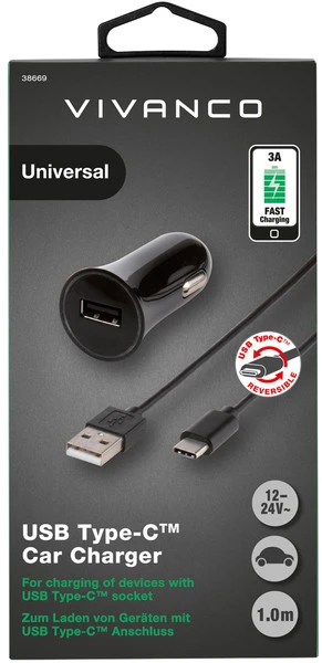 Automobilinis Įkroviklis - Vivanco 3A USB-C, 1 m, Juodas
