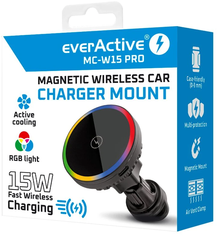 Automobilinis Telefono Laikiklis - everActive MC-W15 Pro Magnetinis Laikiklis, 15 W Belaidis Įkrovimas, Juodas
