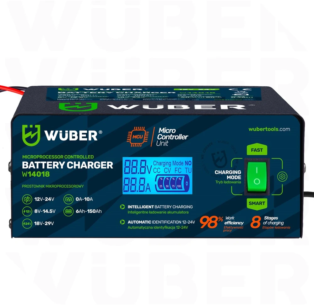 Microprocessor-controlled car battery charger 10 A 6–150 Ah 2–24 V W14018 WUBER