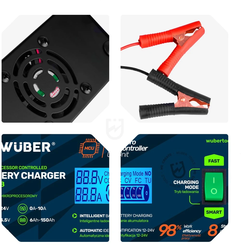 Microprocessor-controlled car battery charger 10 A 6–150 Ah 2–24 V W14018 WUBER