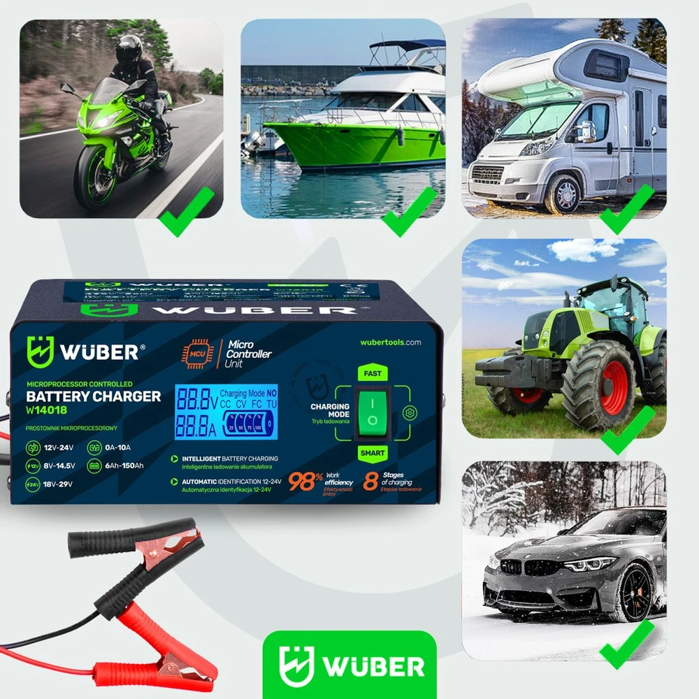 Microprocessor-controlled car battery charger 10 A 6–150 Ah 2–24 V W14018 WUBER