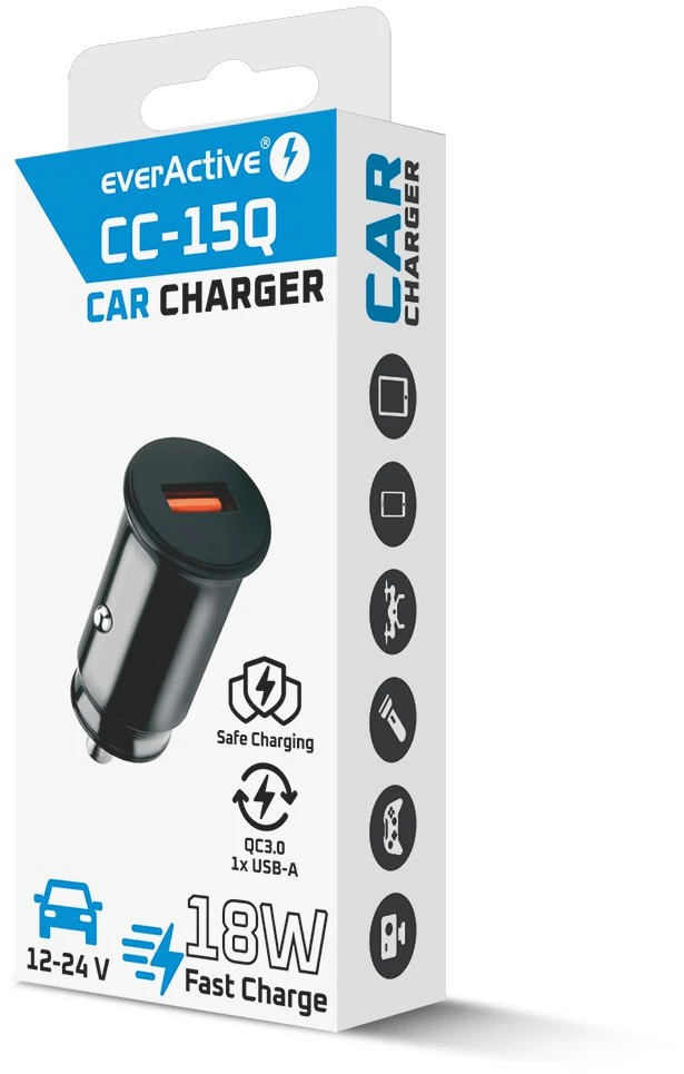 Automobilio Įkroviklis - everActive CC-15Q 18W Quick Charge 3.0 USB-A 12V/24V Juodas