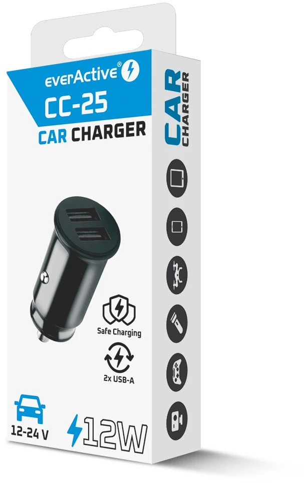 Automobilio Įkroviklis - everActive CC-25 12W Dual USB-A Ports 5V/2.4A, Juoda