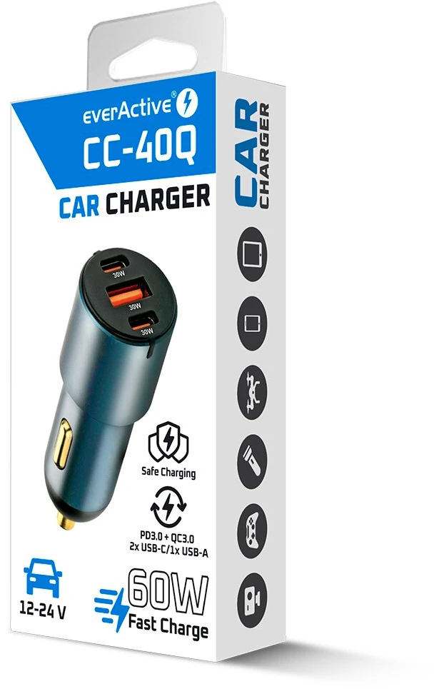 Automobilinis įkroviklis everActive CC-40Q USB QC3.0 + 2x USB-C PD 60W