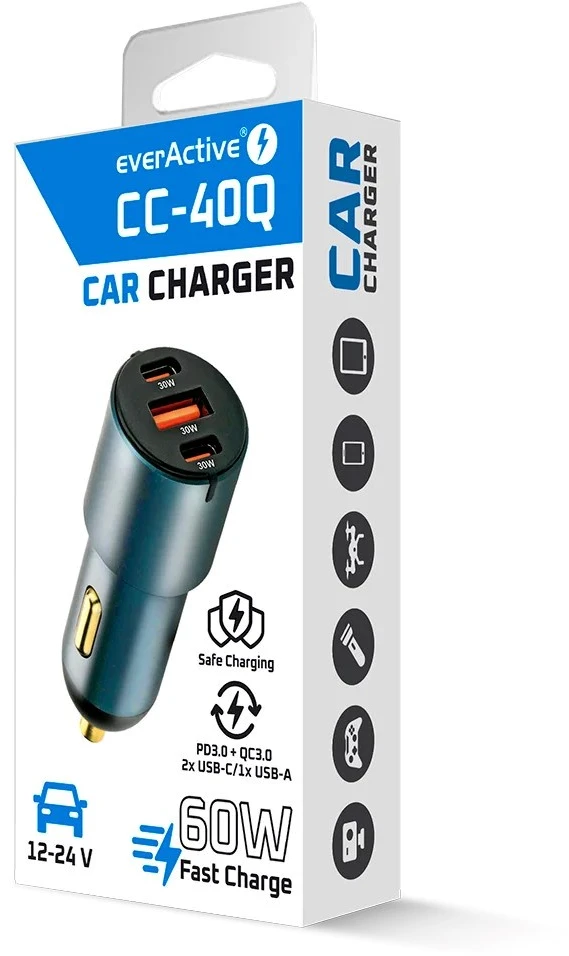 Automobilinis įkroviklis everActive CC-40Q USB QC3.0 + 2x USB-C PD 60W