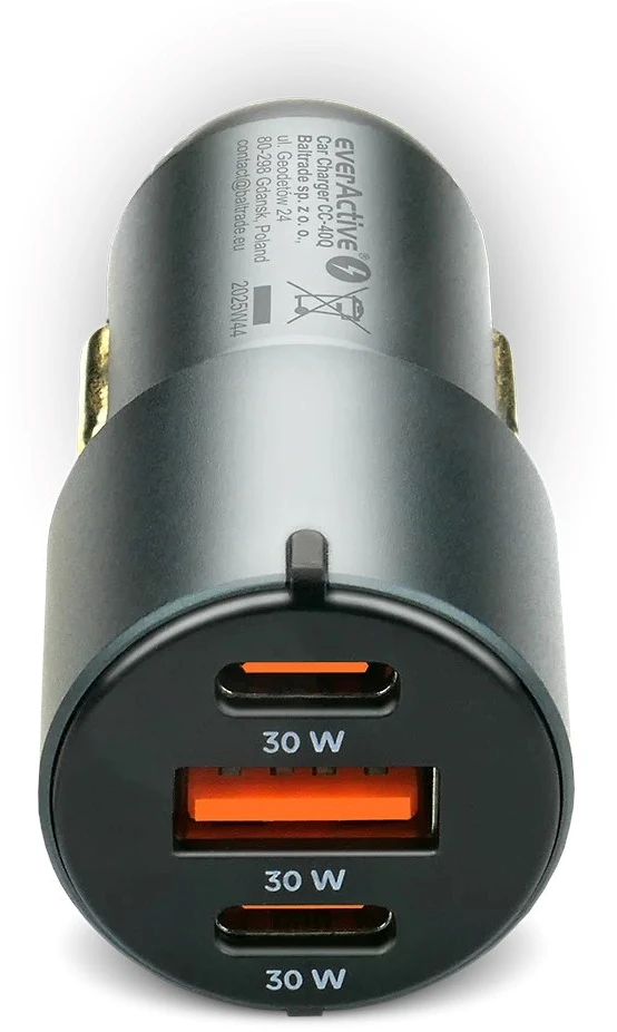 Automobilinis įkroviklis everActive CC-40Q USB QC3.0 + 2x USB-C PD 60W