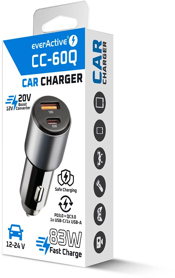Automobilinis įkroviklis everActive CC-60Q USB QC3.0 + USB-C PD 83W