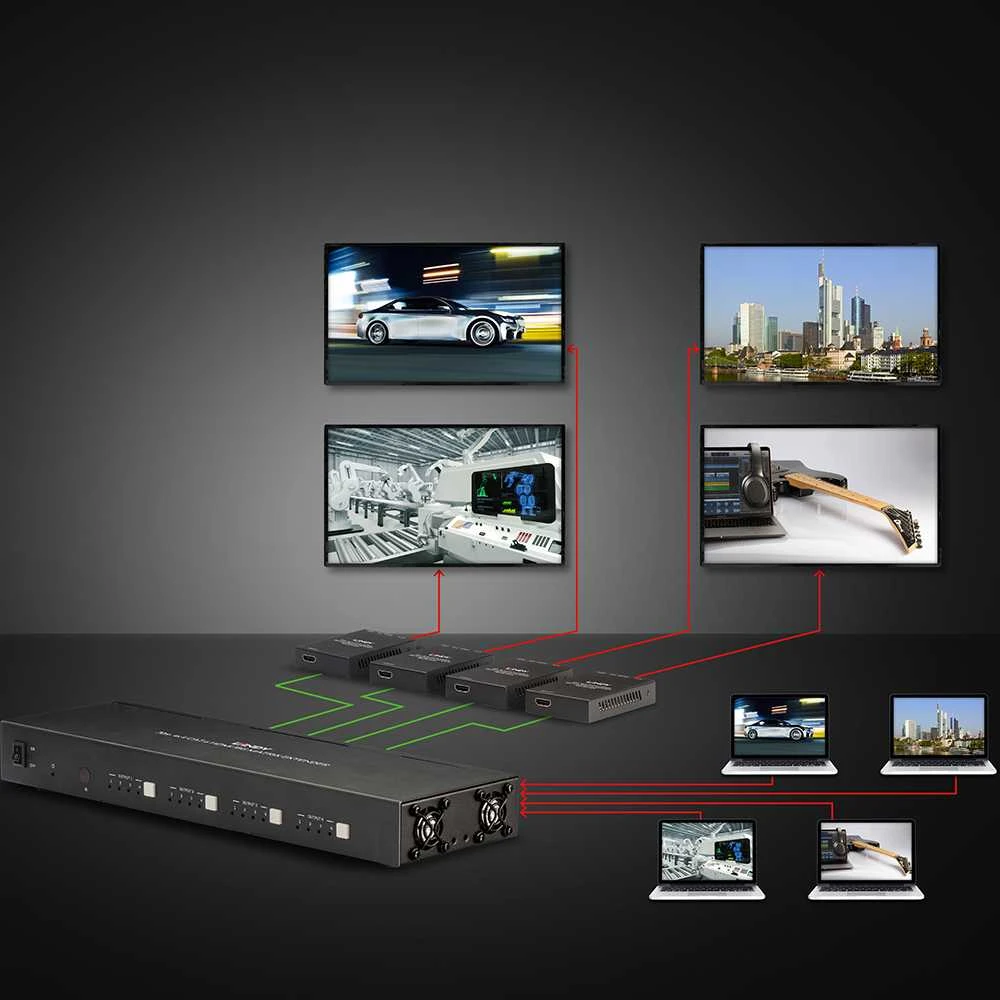 AV Matrix Prailginimas - LINDY Cat.6 4x4 HDMI 4K60 ir IR Matricos Prailginimas, 70 m, Juodas
