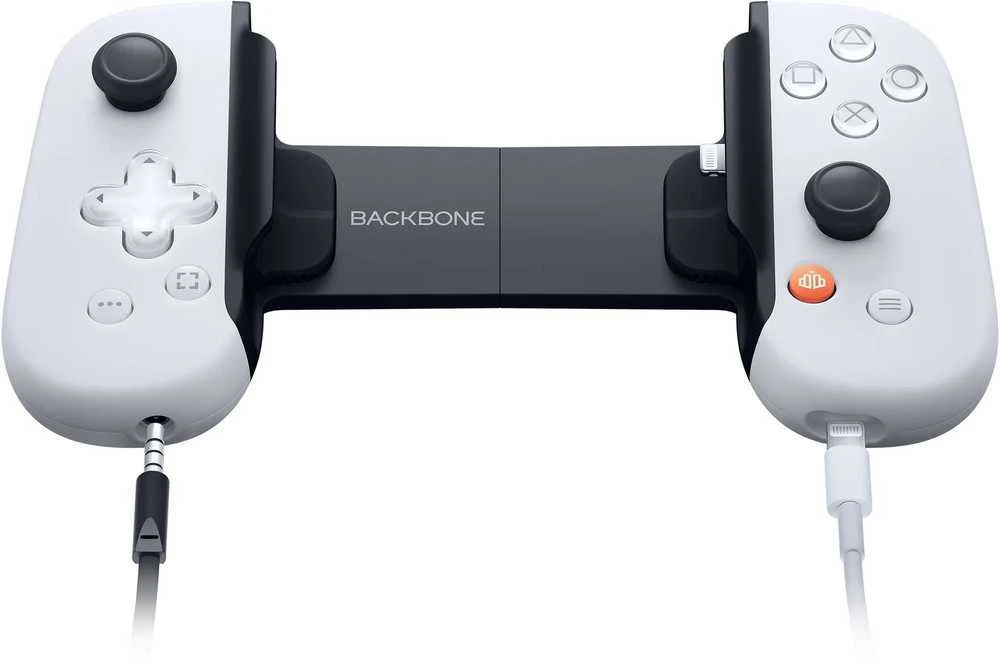 „Backbone One“ skirtas „iPhone PlayStation Edition“ „Baltas Lightning“ žaidimų pultas kompiuteriams, „PlayStation“ ir „iOS“ įrenginiams