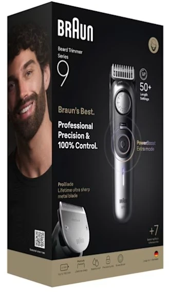 „Braun“ barzdos kirpimo mašinėlė 9 serija, +7 kirpimo įrankiai, BT9520 - matinio chromo spalvos