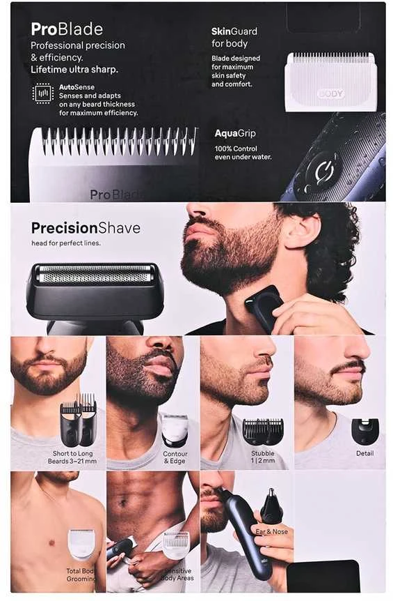 Braun 11in1 priežiūros rinkinys | Viskas viename, 7 serija, AIO7540 | Belaidis | Ilgio pakopų skaičius: 14 | Juodas/Mėlyna