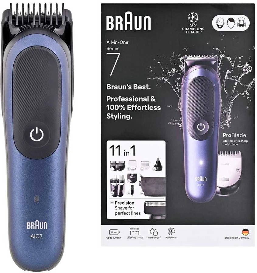 Braun 11in1 priežiūros rinkinys | Viskas viename, 7 serija, AIO7540 | Belaidis | Ilgio pakopų skaičius: 14 | Juodas/Mėlyna