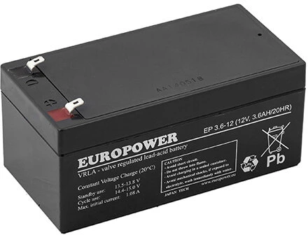 Baterija - AGM EUROPOWER EP 12V 3.6Ah Sandariųjų Švino Rūgšties Baterija Juoda